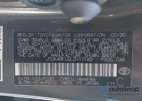2020 Toyota Prius Le z USA, uszkodzony, nr VIN JTDKARFU2L3117182